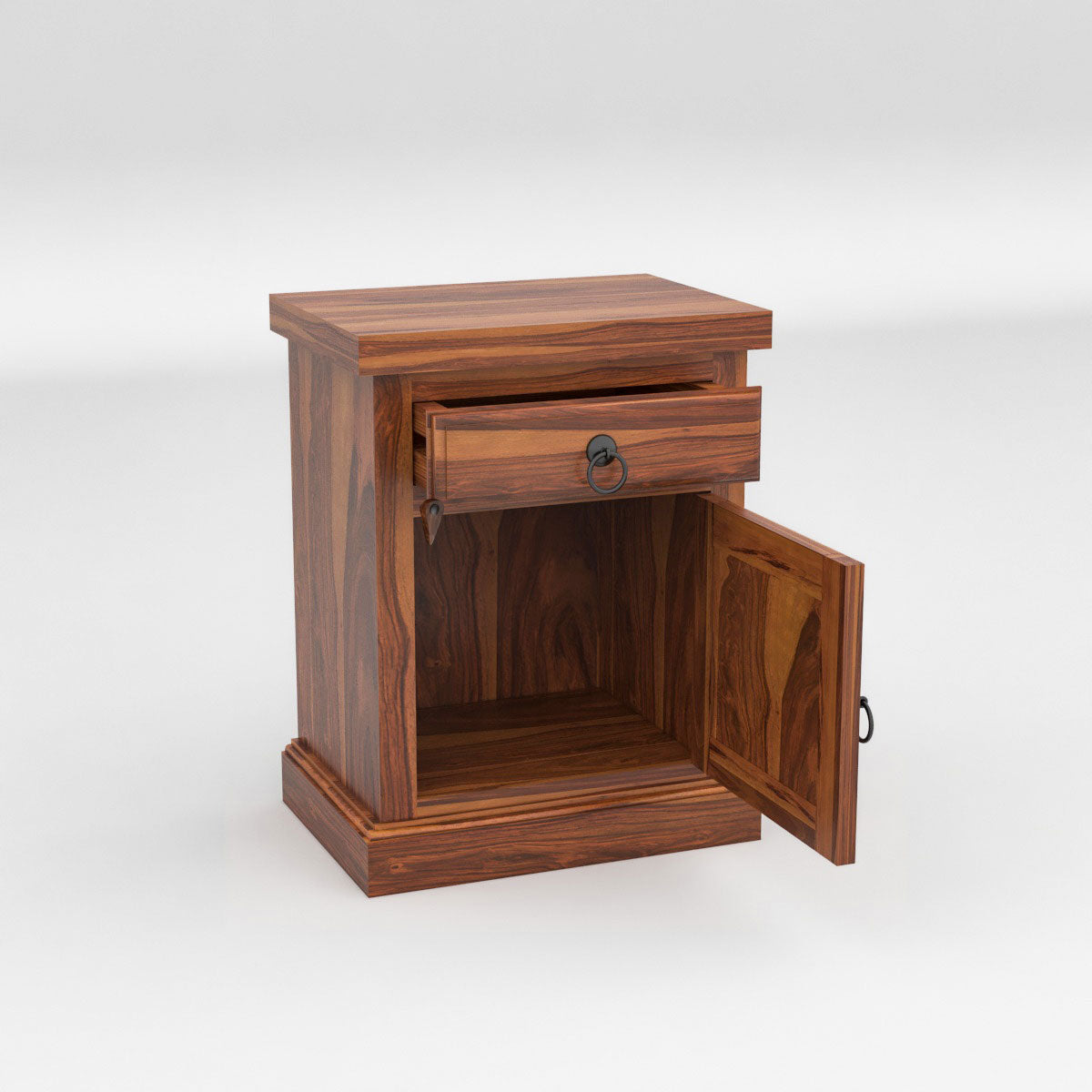 Solid Sheesham Wood Bedside Table with Drawer & Storage Cabinet