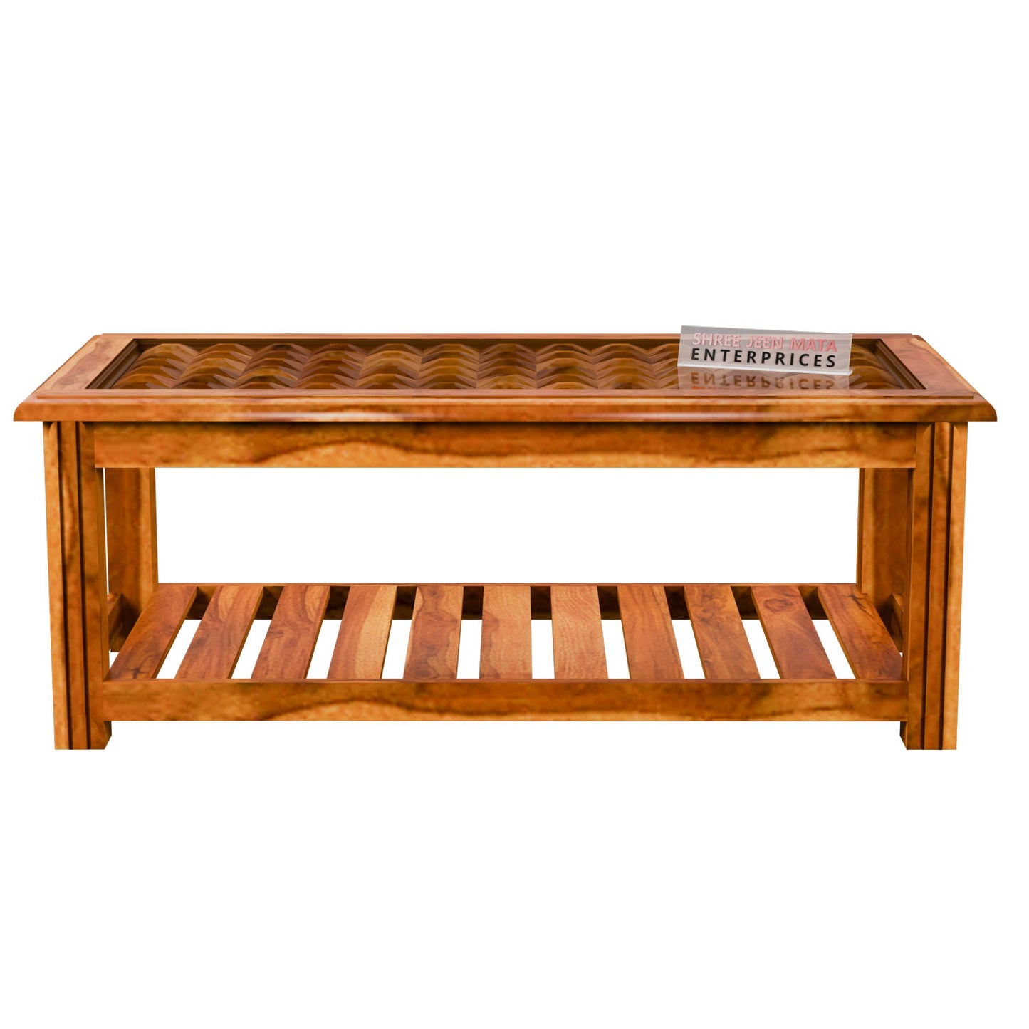 Elegant Solid Wood Coffee Table with Textured Glass Top & Storage Shelf