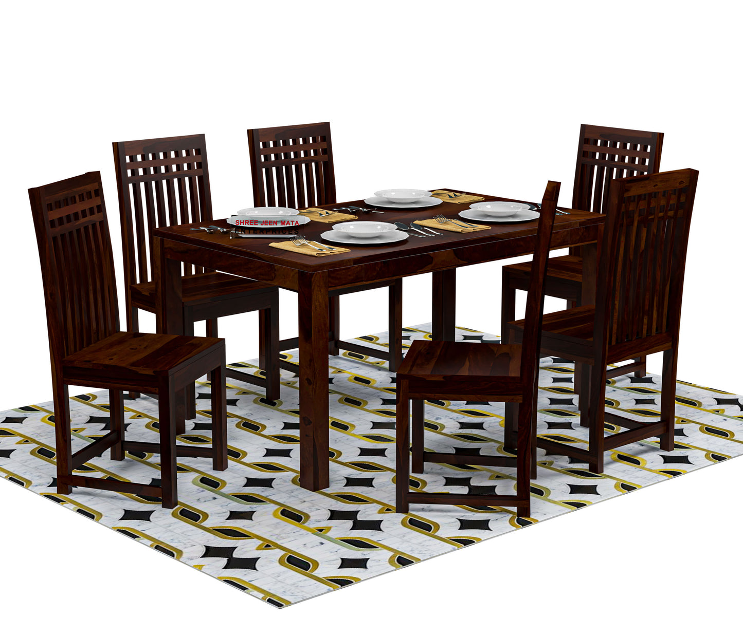Solid Wood 6 Seater Dining Table Set with Slatted Back Chairs