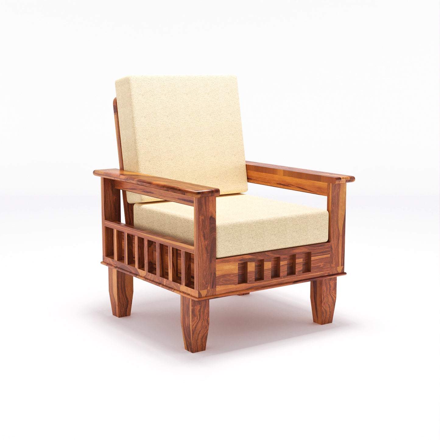 Solid Wood Single Seater Sofa with Natural & Walnut Finish and Cushioned Comfort