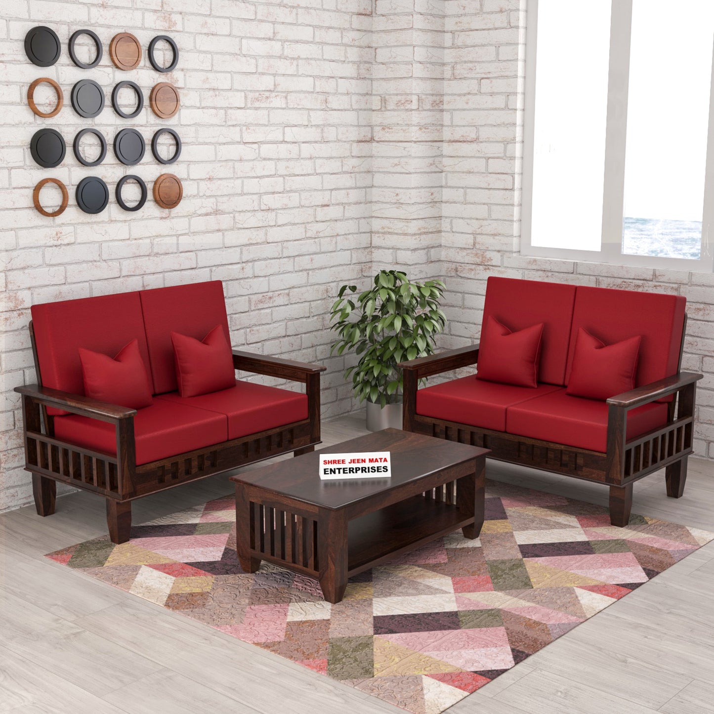Solid Wood 4 Seater Sofa Set (Set of 2) | Natural & Walnut Finish Wooden Sofa with Cushions