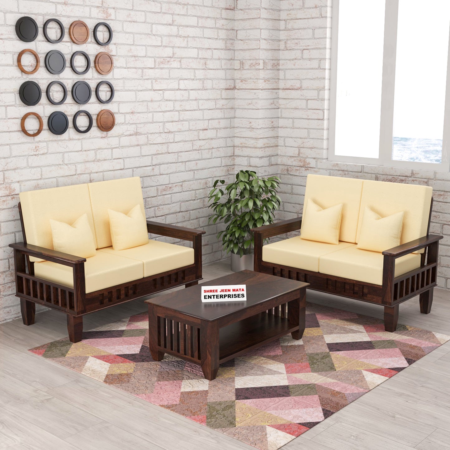Solid Wood 4 Seater Sofa Set (Set of 2) | Natural & Walnut Finish Wooden Sofa with Cushions