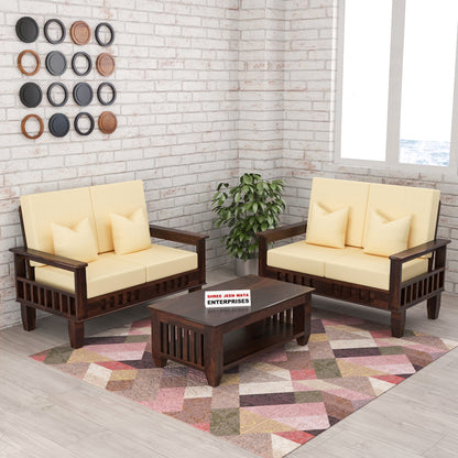 Solid Wood 4 Seater Sofa Set (Set of 2) | Natural & Walnut Finish Wooden Sofa with Cushions