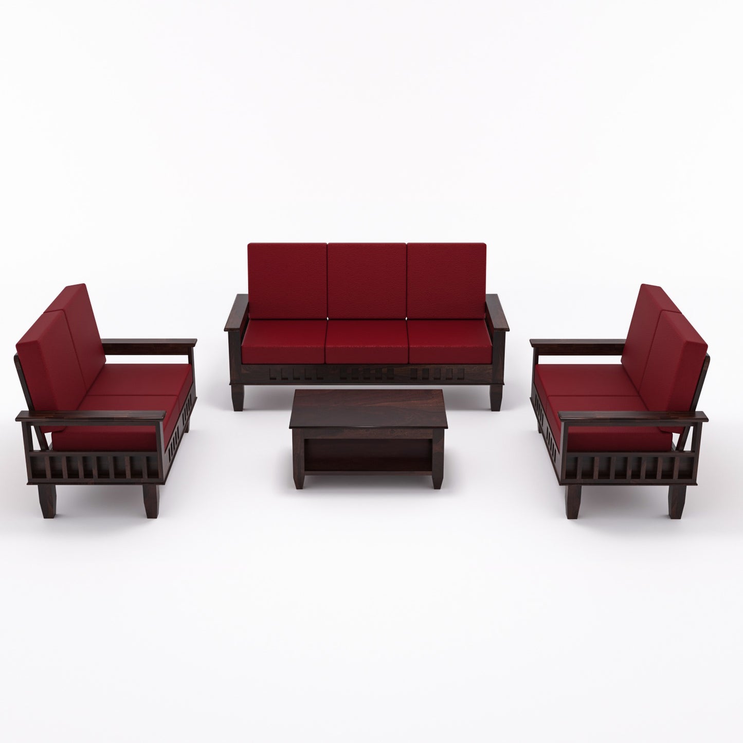 Solid Wood 7 Seater Sofa Set (3+2+2) with Cushioned Seating | Natural & Walnut Finish Wooden Sofa
