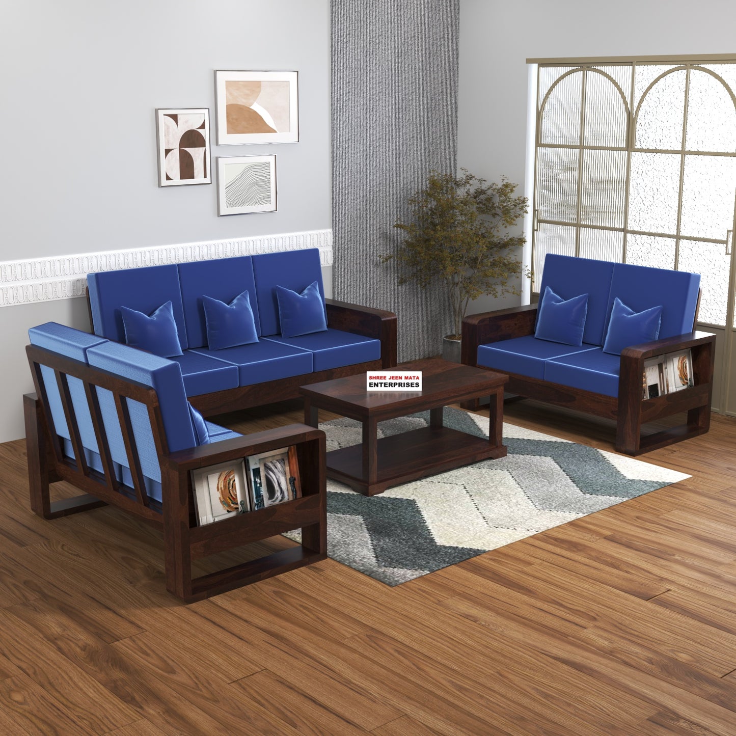 Solid Wood 7 Seater Sofa Set (3+2+2) | Natural & Walnut Finish Wooden Sofa with Cushions