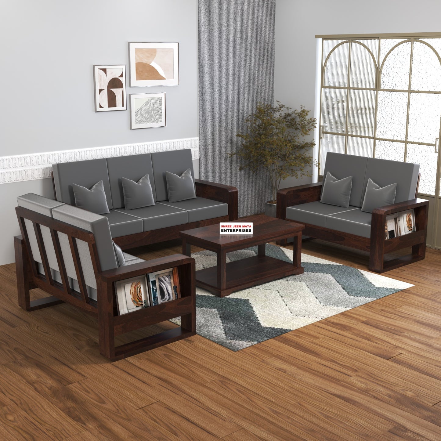 Solid Wood 7 Seater Sofa Set (3+2+2) | Natural & Walnut Finish Wooden Sofa with Cushions