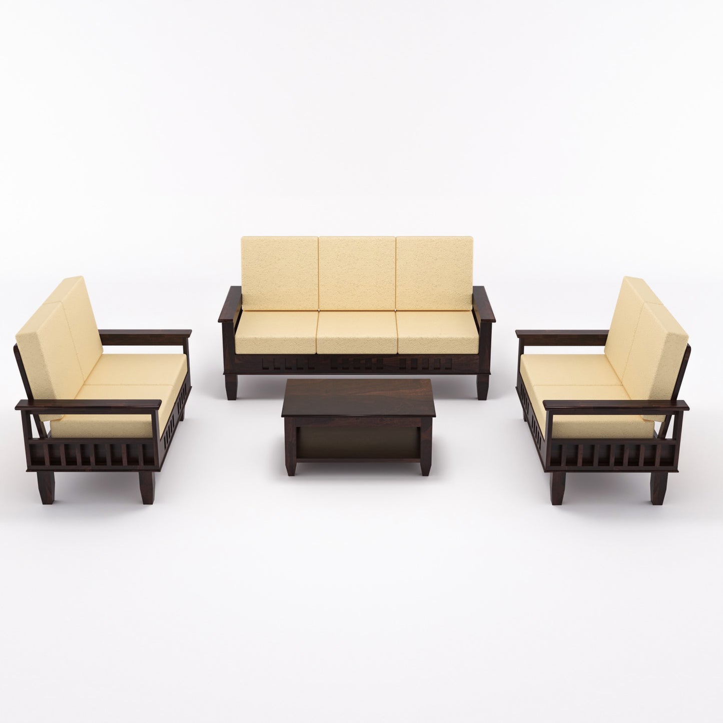 Solid Wood 7 Seater Sofa Set (3+2+2) with Cushioned Seating | Natural & Walnut Finish Wooden Sofa