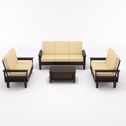 Solid Wood 7 Seater Sofa Set (3+2+2) with Cushioned Seating | Natural & Walnut Finish Wooden Sofa