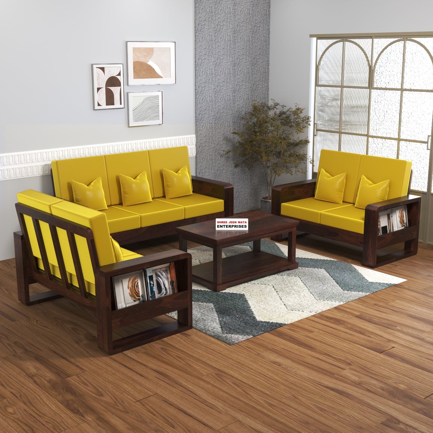 Solid Wood 7 Seater Sofa Set (3+2+2) | Natural & Walnut Finish Wooden Sofa with Cushions