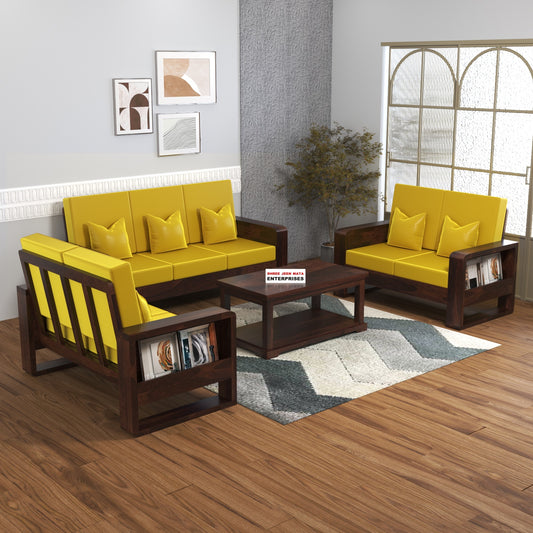 Solid Wood 7 Seater Sofa Set (3+2+2) | Natural & Walnut Finish Wooden Sofa with Cushions
