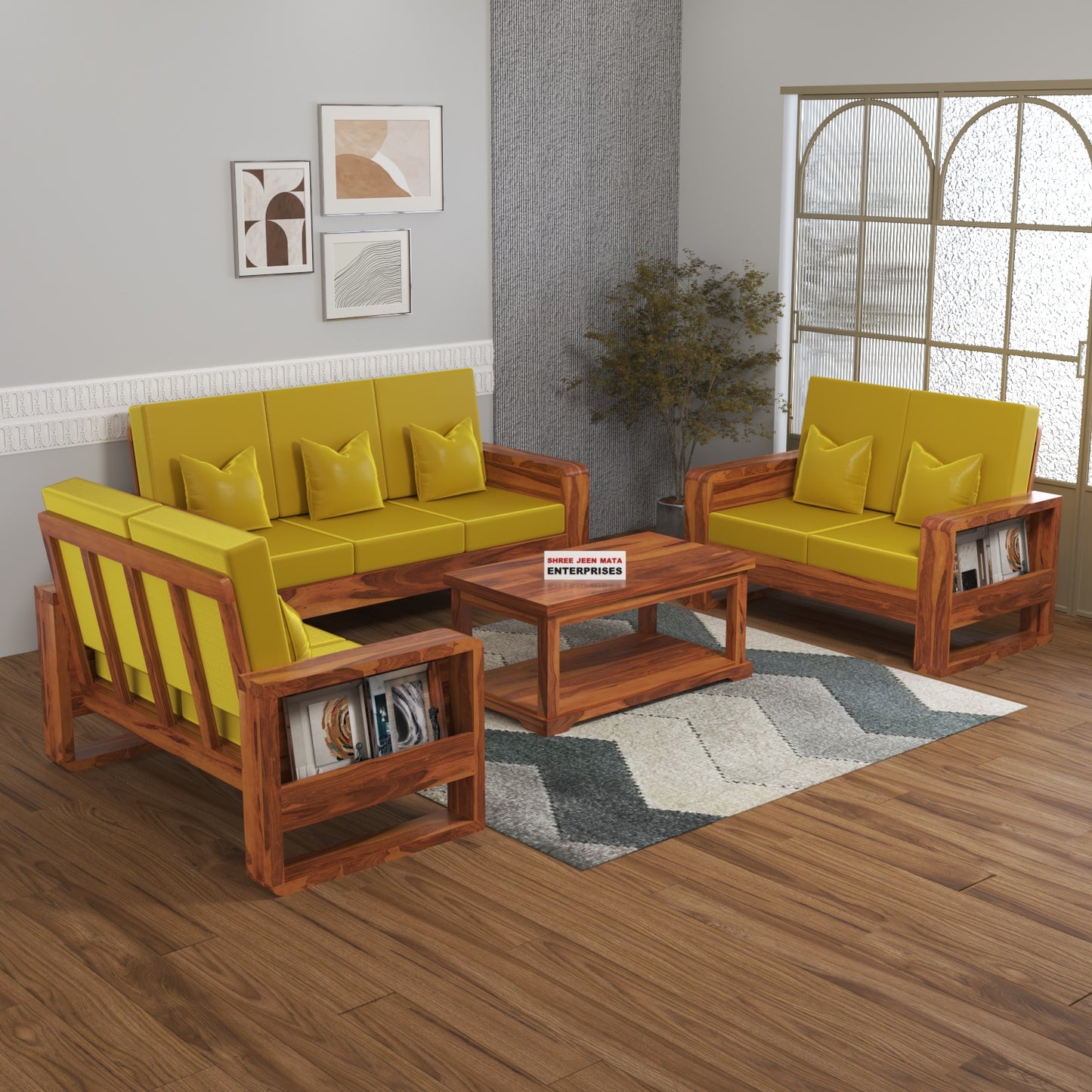 Solid Wood 7 Seater Sofa Set (3+2+2) | Natural & Walnut Finish Wooden Sofa with Cushions