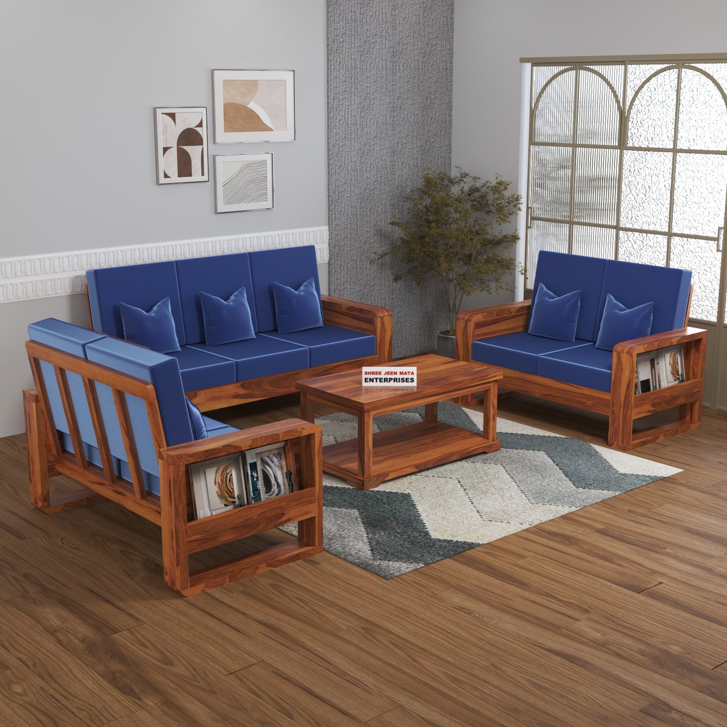Solid Wood 7 Seater Sofa Set (3+2+2) | Natural & Walnut Finish Wooden Sofa with Cushions