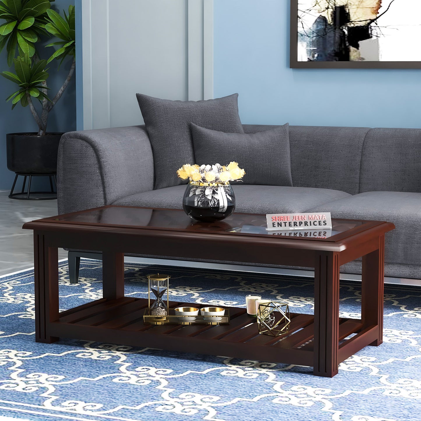 Handcrafted Solid Wood Coffee Table with Carved Top & Open Shelf