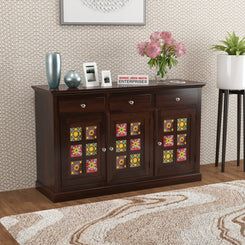 Solid Teak Wood Storage Cabinet with Handcrafted Tile Doors
