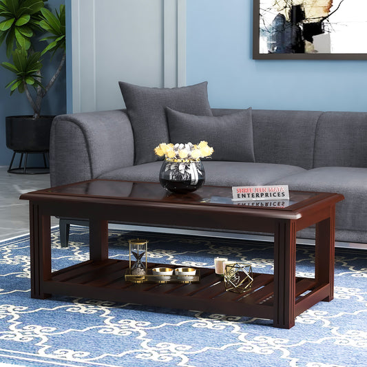 Handcrafted Solid Wood Coffee Table with Carved Top & Open Shelf