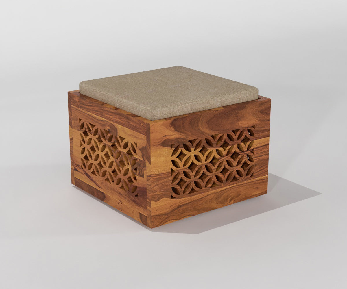 Handcrafted Solid Wood Coffee Table with Carved Ottoman Stools
