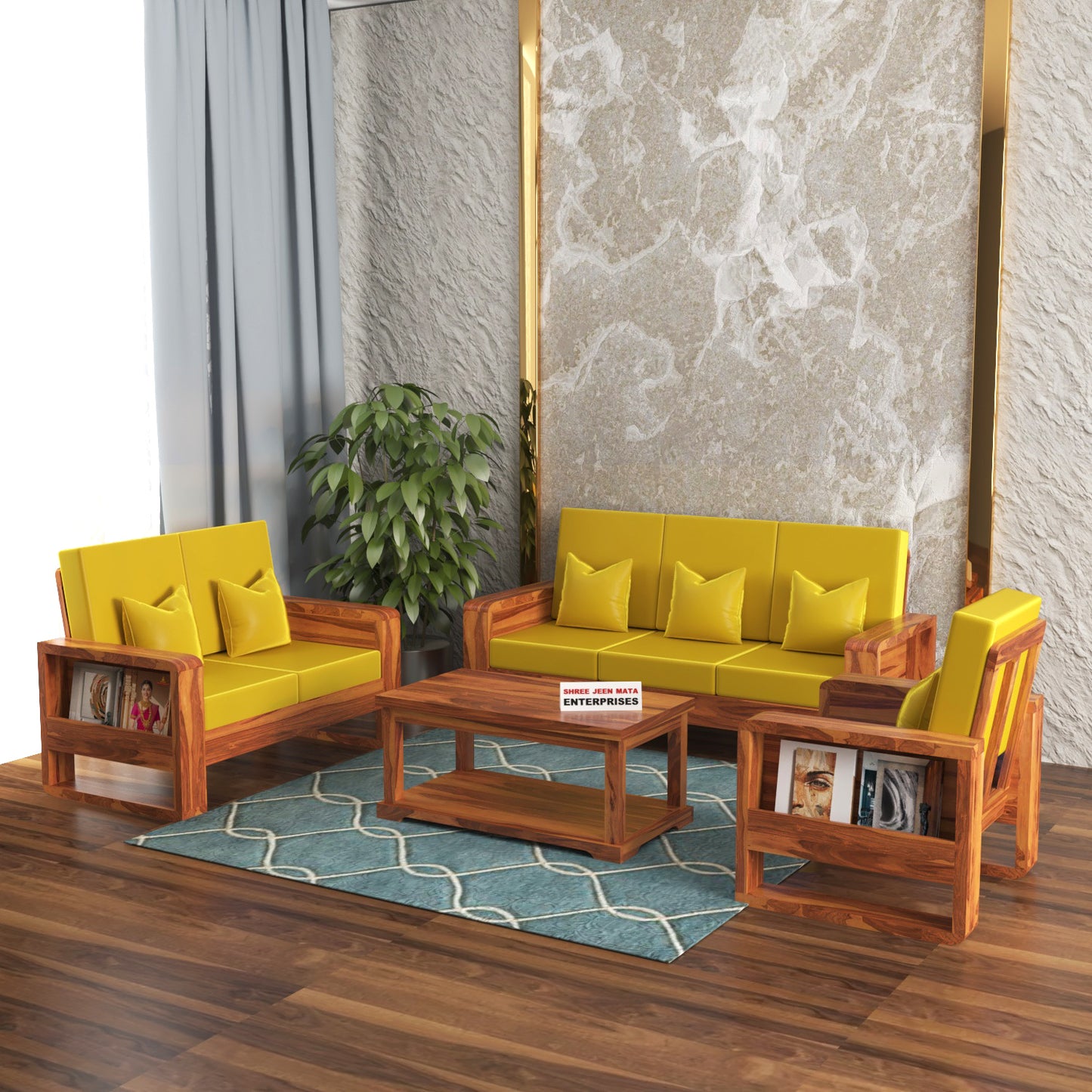 Solid Wood 6 Seater Sofa Set (3+2+1) | Natural & Walnut Finish Wooden Sofa with Cushions