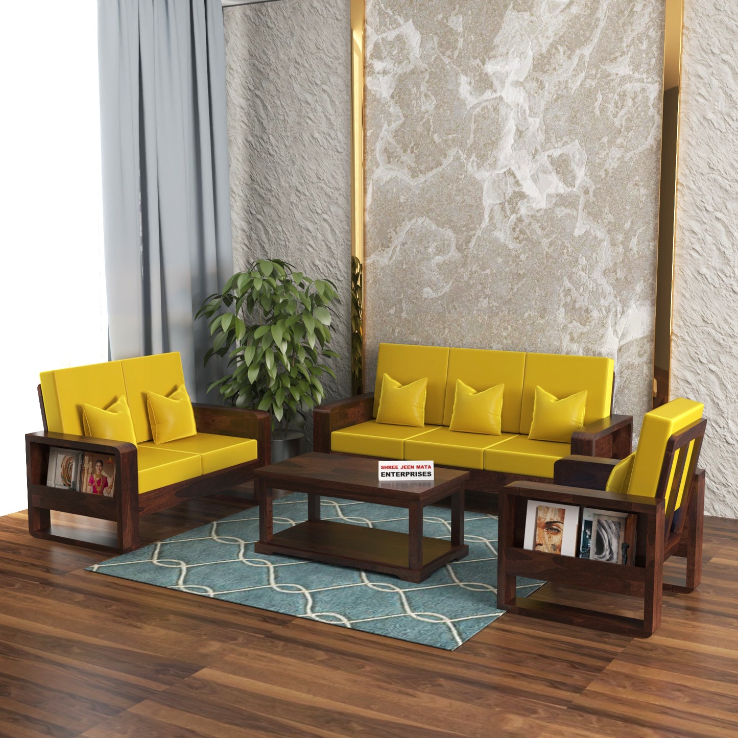Solid Wood 6 Seater Sofa Set (3+2+1) | Natural & Walnut Finish Wooden Sofa with Cushions