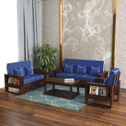 Solid Wood 6 Seater Sofa Set (3+2+1) | Natural & Walnut Finish Wooden Sofa with Cushions