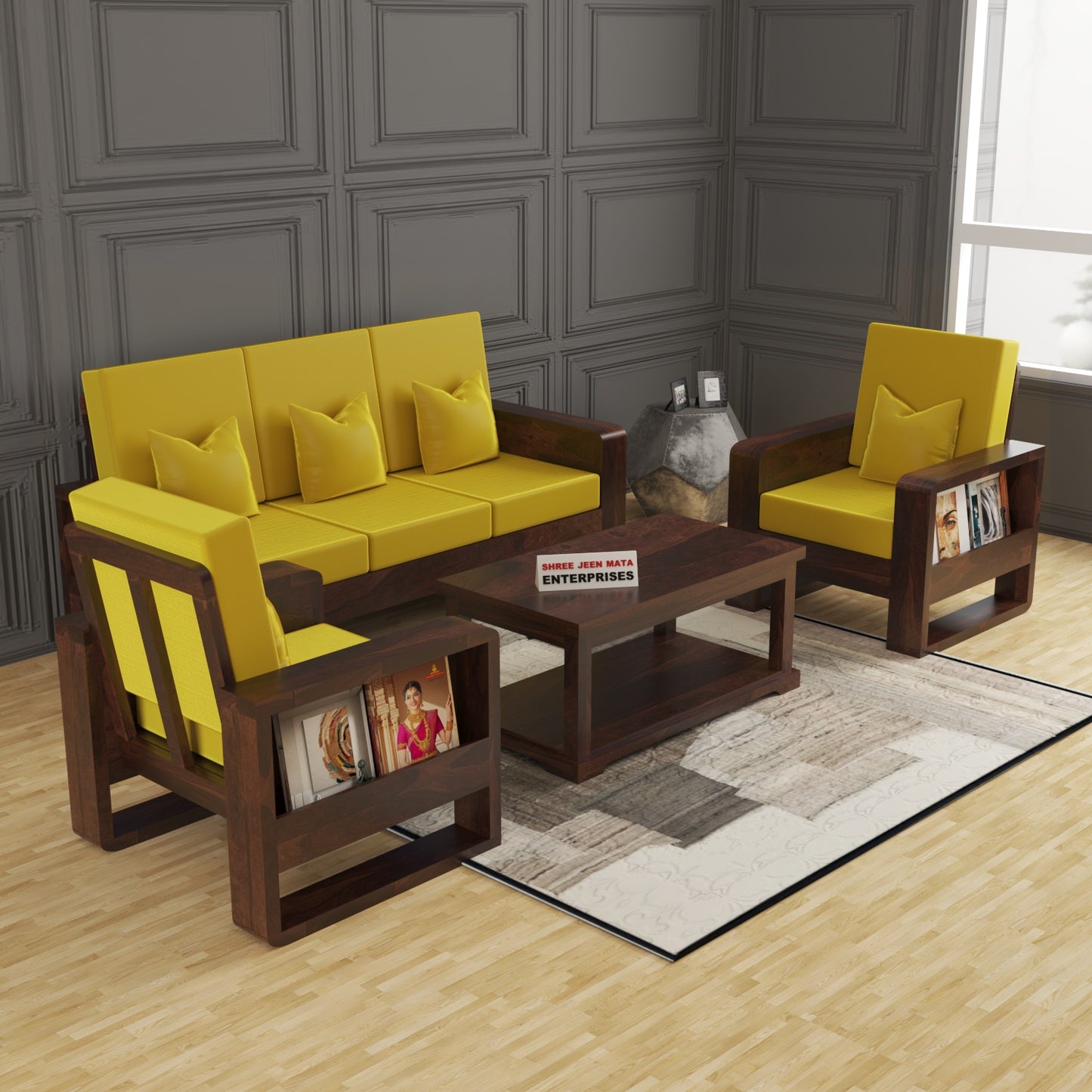 Solid Wood 5 Seater Sofa Set (3+1+1) | Natural & Walnut Finish Wooden Sofa with Cushions