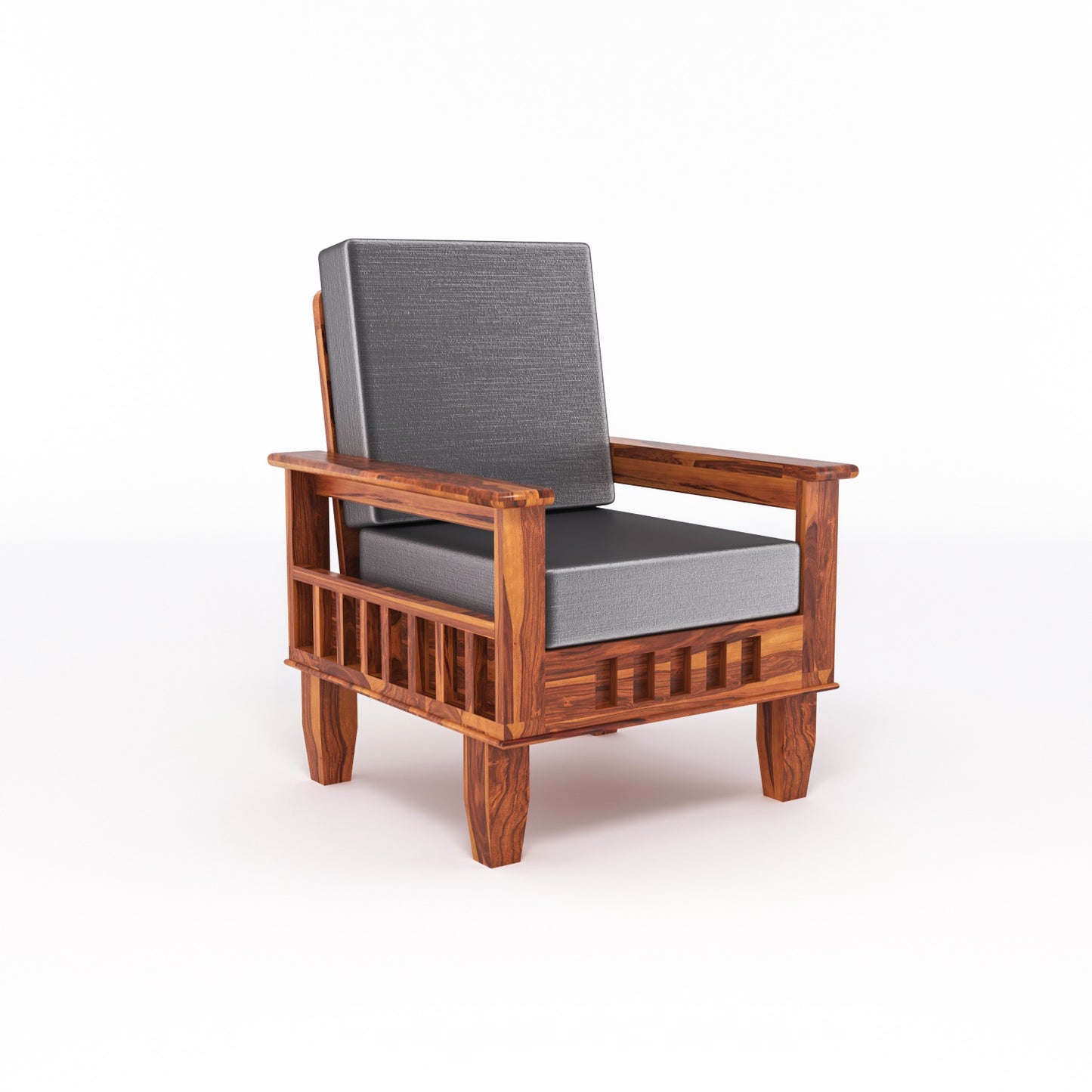 Solid Wood 5 Seater Sofa Set (3 Seater + 2 Single Seaters) | Natural & Walnut Finish with Cushioned Comfort