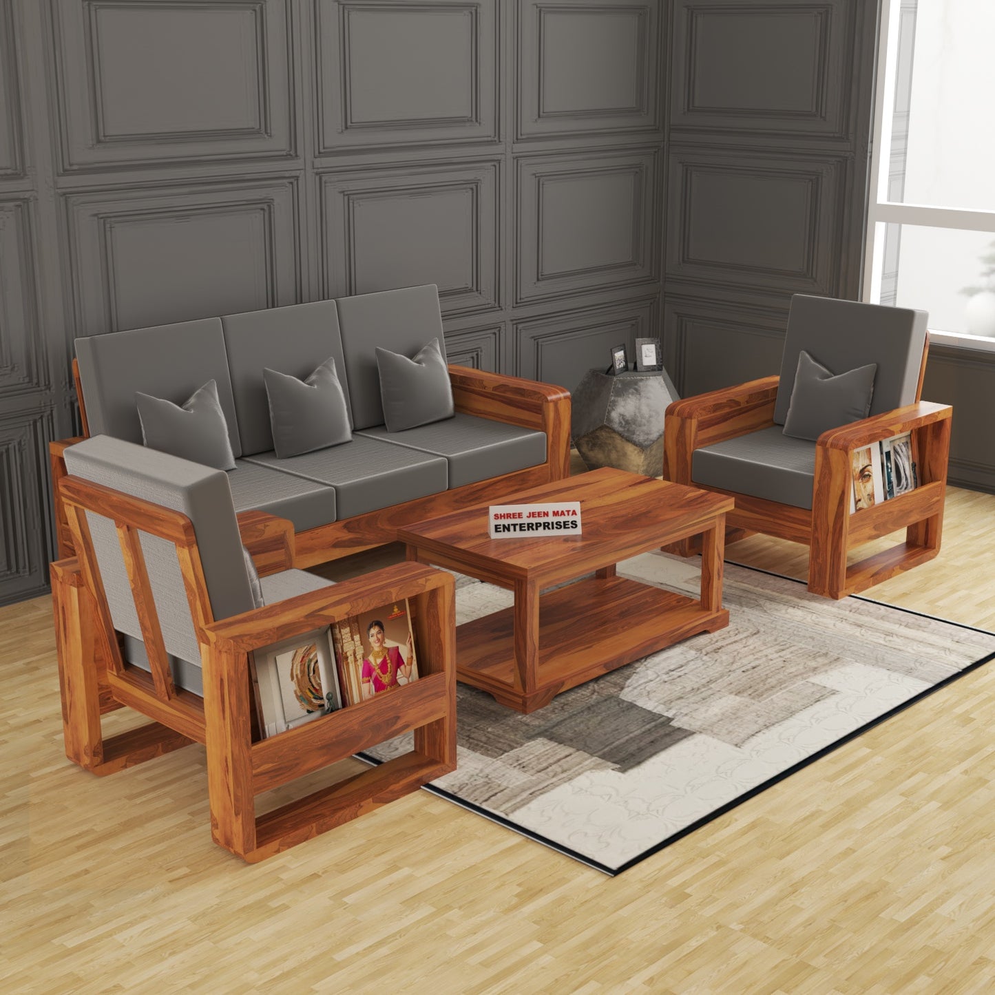 Solid Wood 5 Seater Sofa Set (3+1+1) | Natural & Walnut Finish Wooden Sofa with Cushions