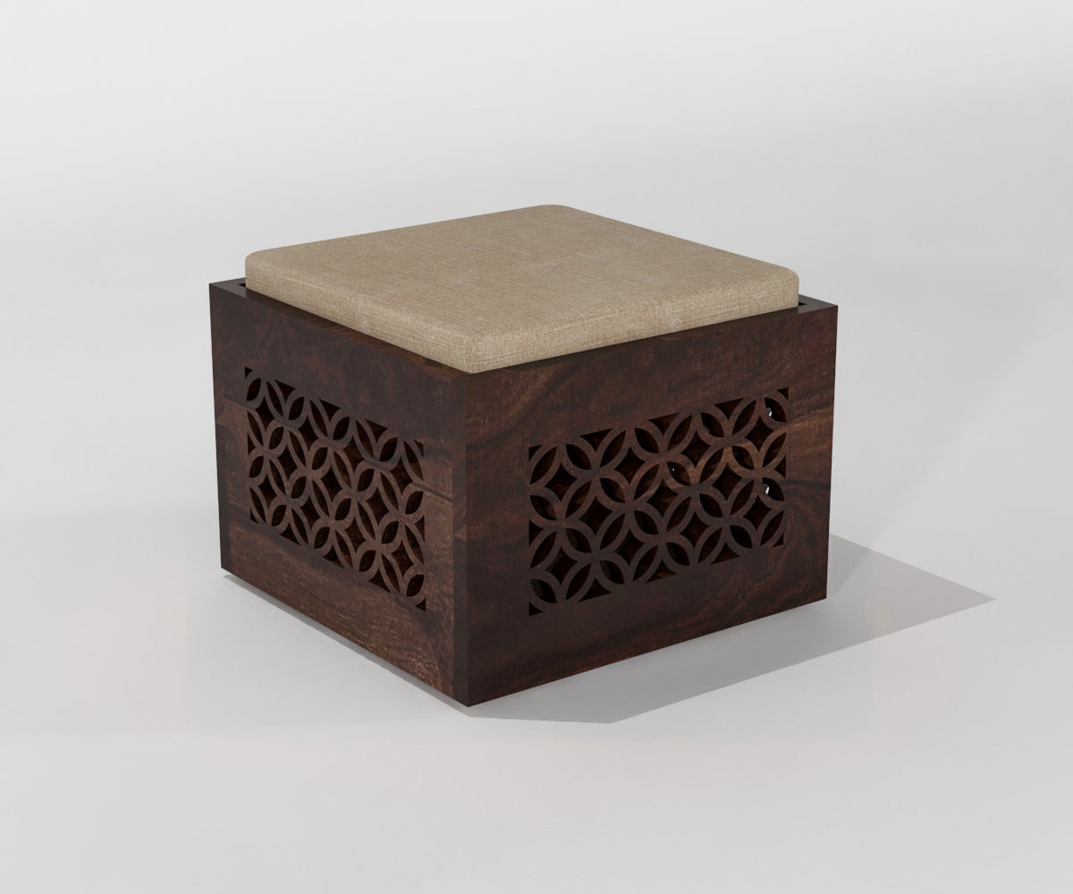 Handcrafted Solid Wood Coffee Table with Carved Ottoman Stools
