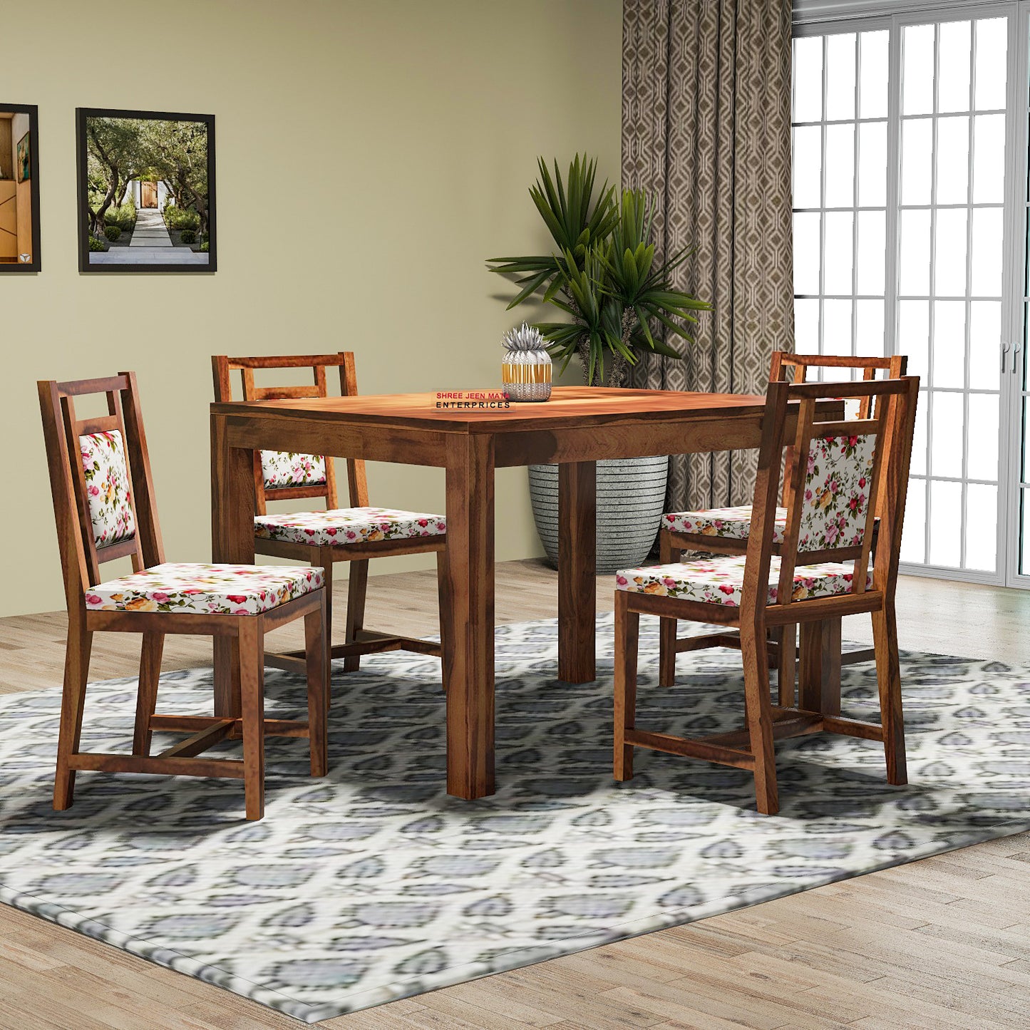 Solid Wood 4 Seater Dining Table Set with 4 Cushioned Chairs