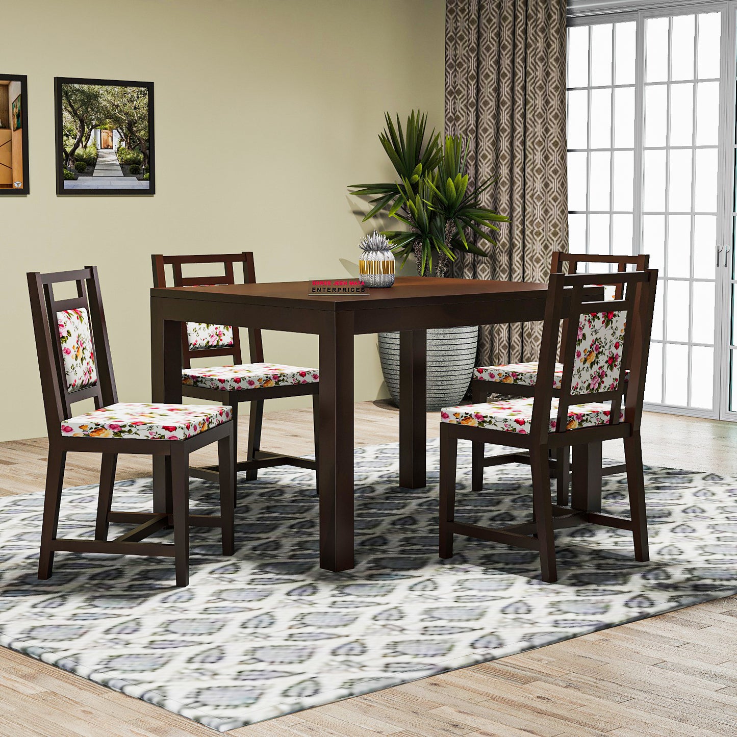 Solid Wood 4 Seater Dining Table Set with 4 Cushioned Chairs