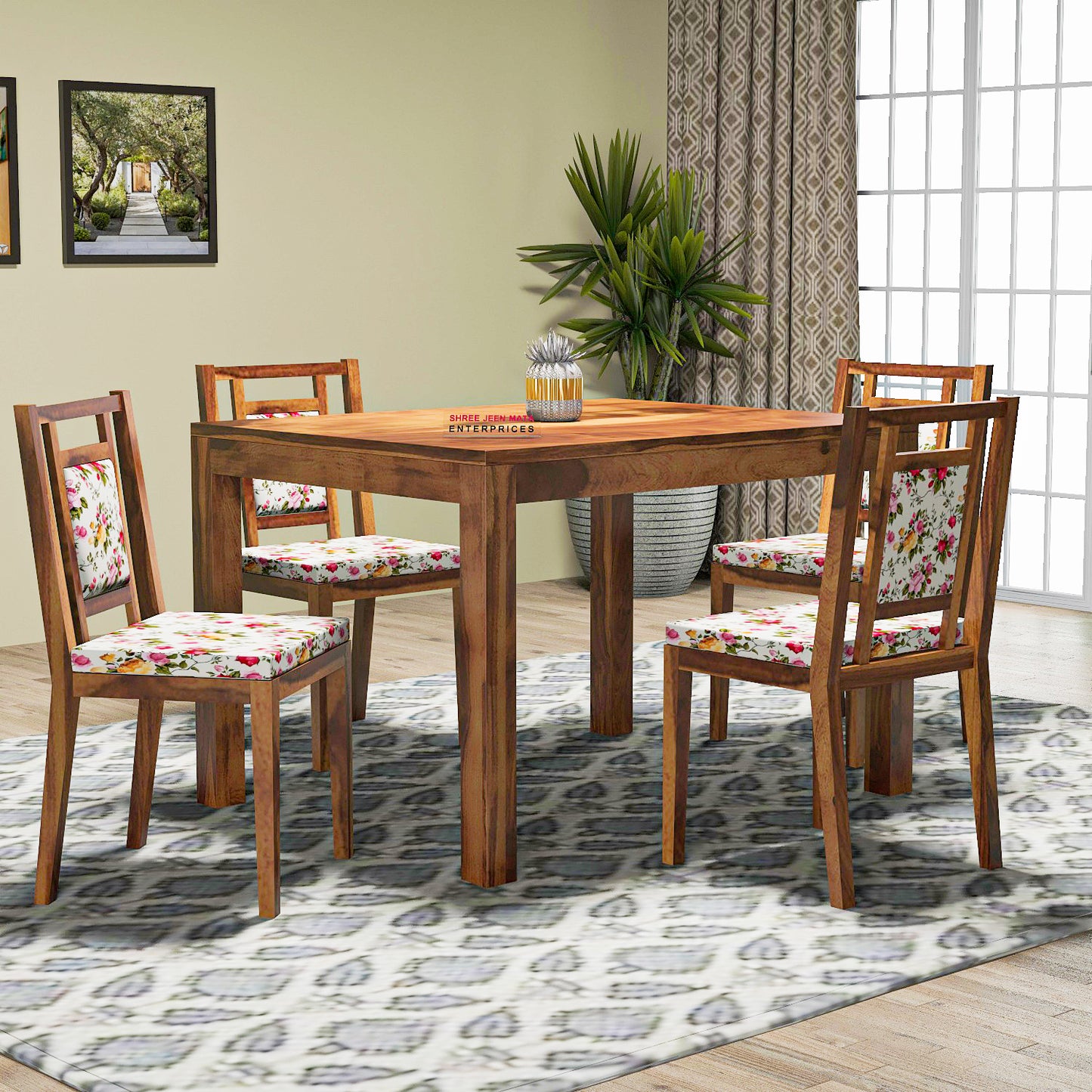 Solid Wood 4 Seater Dining Table Set with 4 Cushioned Chairs