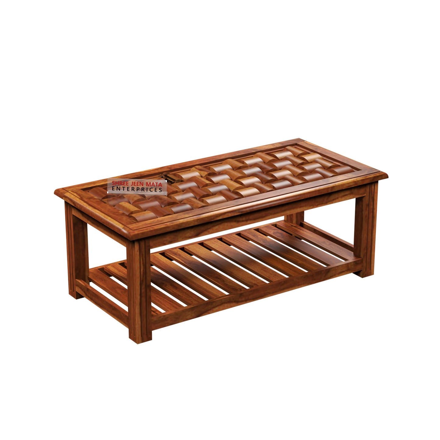 Handcrafted Solid Wood Coffee Table with Carved Top & Open Shelf