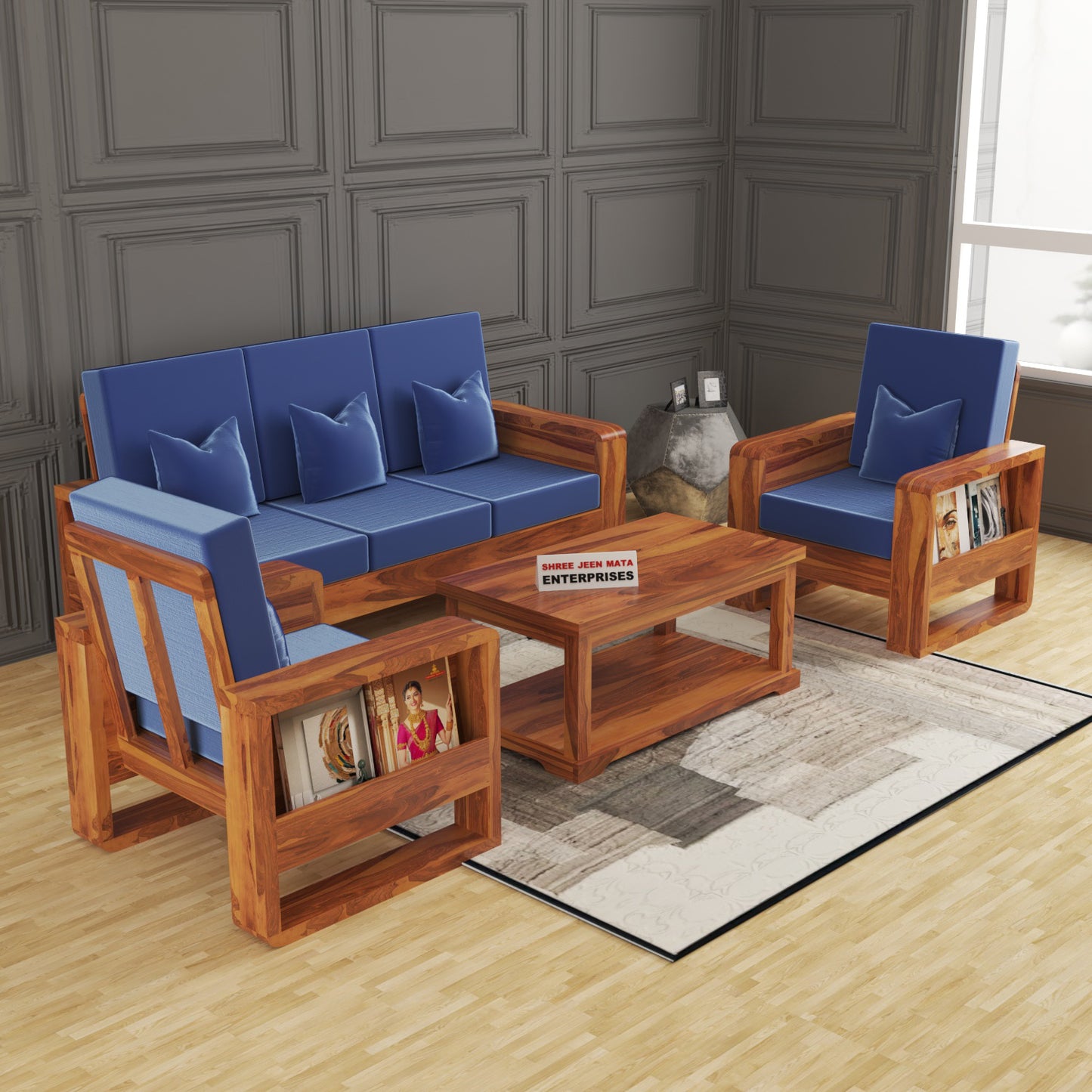 Solid Wood 5 Seater Sofa Set (3+1+1) | Natural & Walnut Finish Wooden Sofa with Cushions