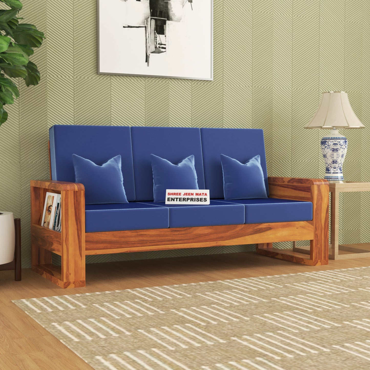 Solid Wood 3 Seater Sofa | Natural & Walnut Finish Wooden Sofa with Cushioned Seating