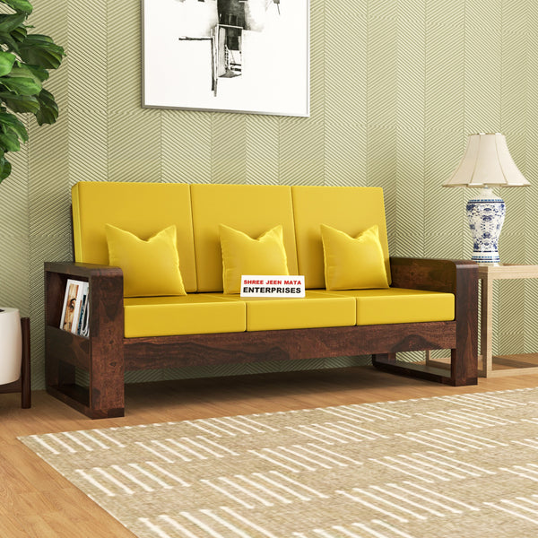 Solid Wood 3 Seater Sofa | Natural & Walnut Finish Wooden Sofa with Cushioned Seating