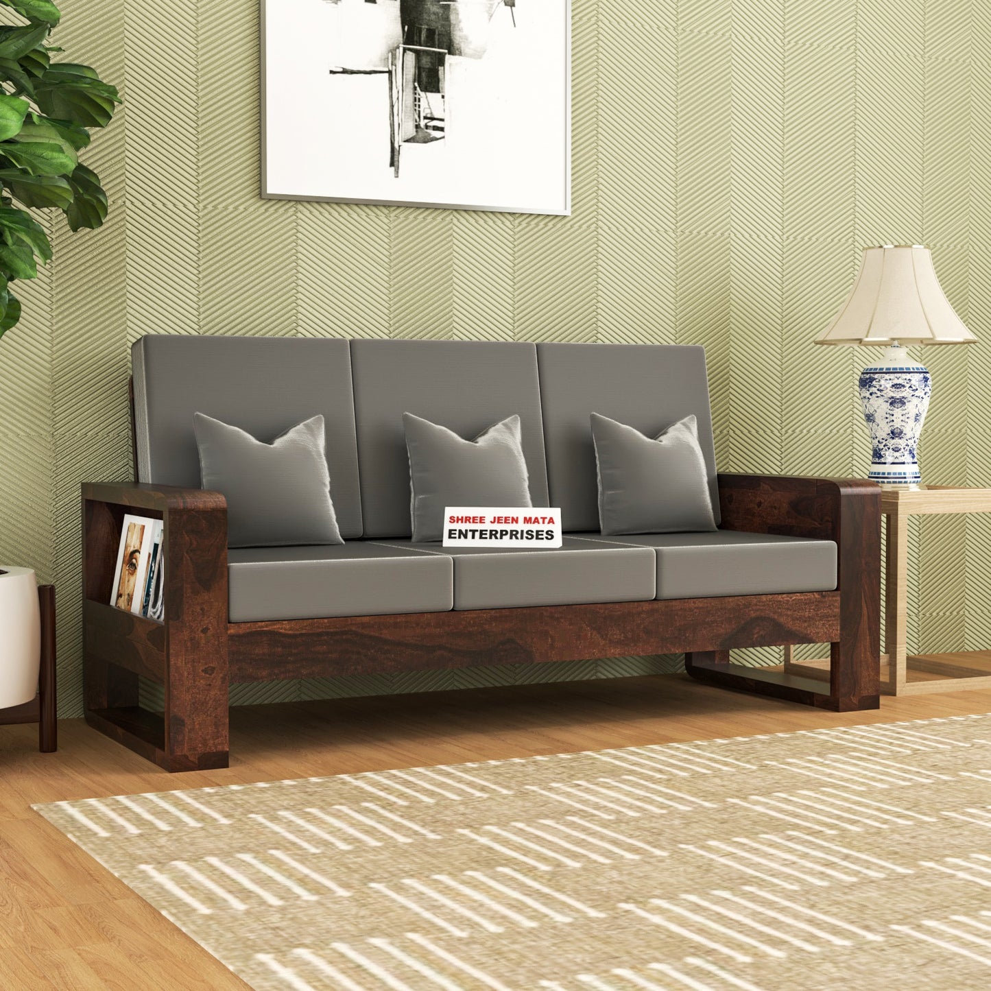 Solid Wood 3 Seater Sofa | Natural & Walnut Finish Wooden Sofa with Cushioned Seating