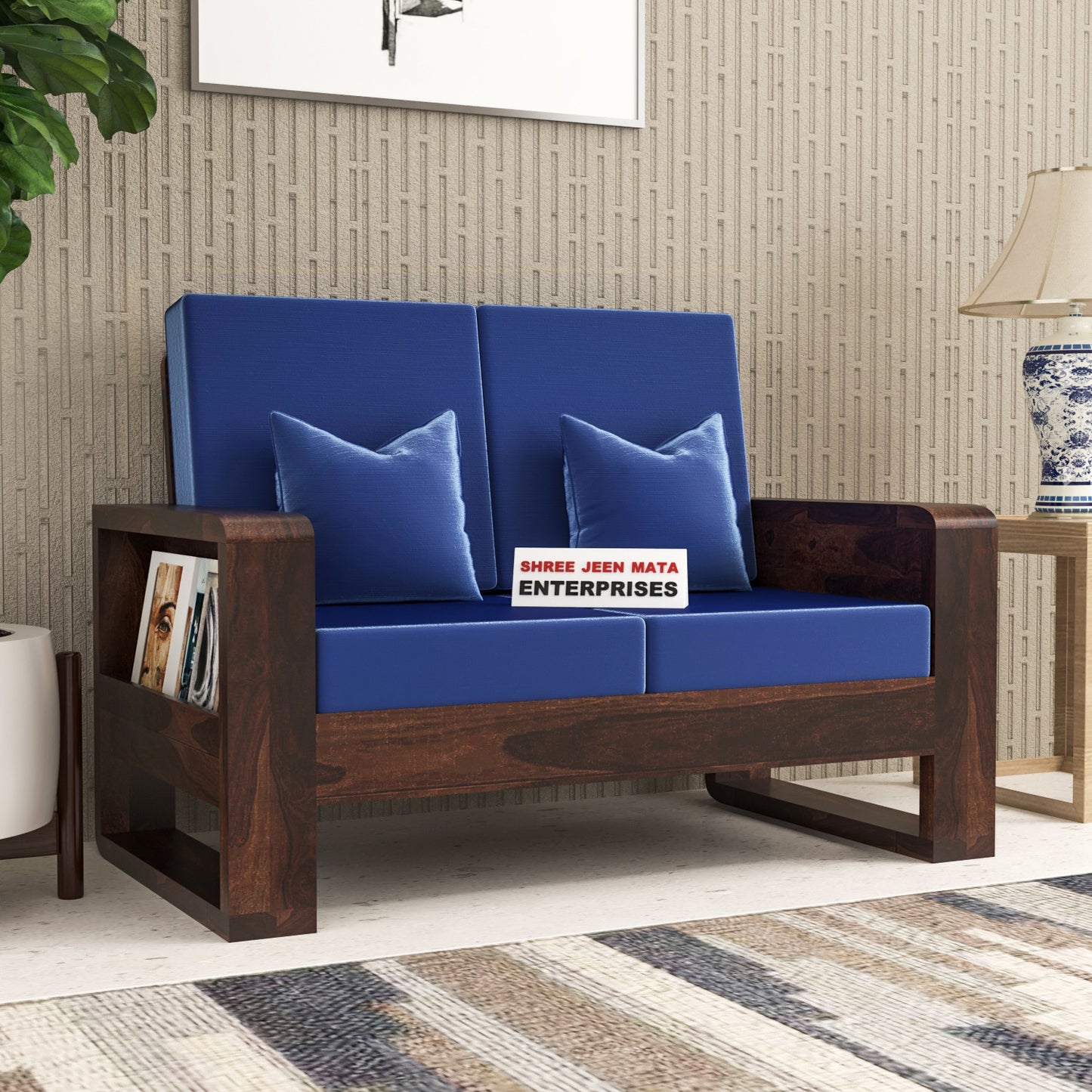 Solid Wood 2 Seater Sofa | Natural & Walnut Finish Wooden Sofa with Cushioned Comfort
