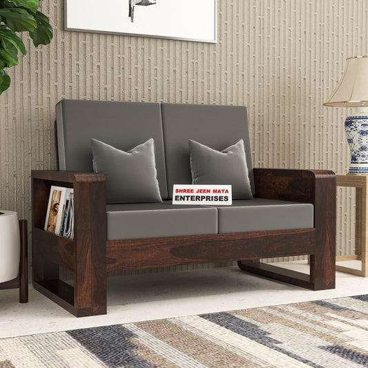 Solid Wood 2 Seater Sofa | Natural & Walnut Finish Wooden Sofa with Cushioned Comfort