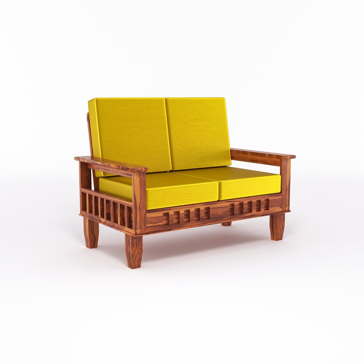 Premium Solid Wood 2 Seater Sofa with Cushions | Natural & Walnut Finish