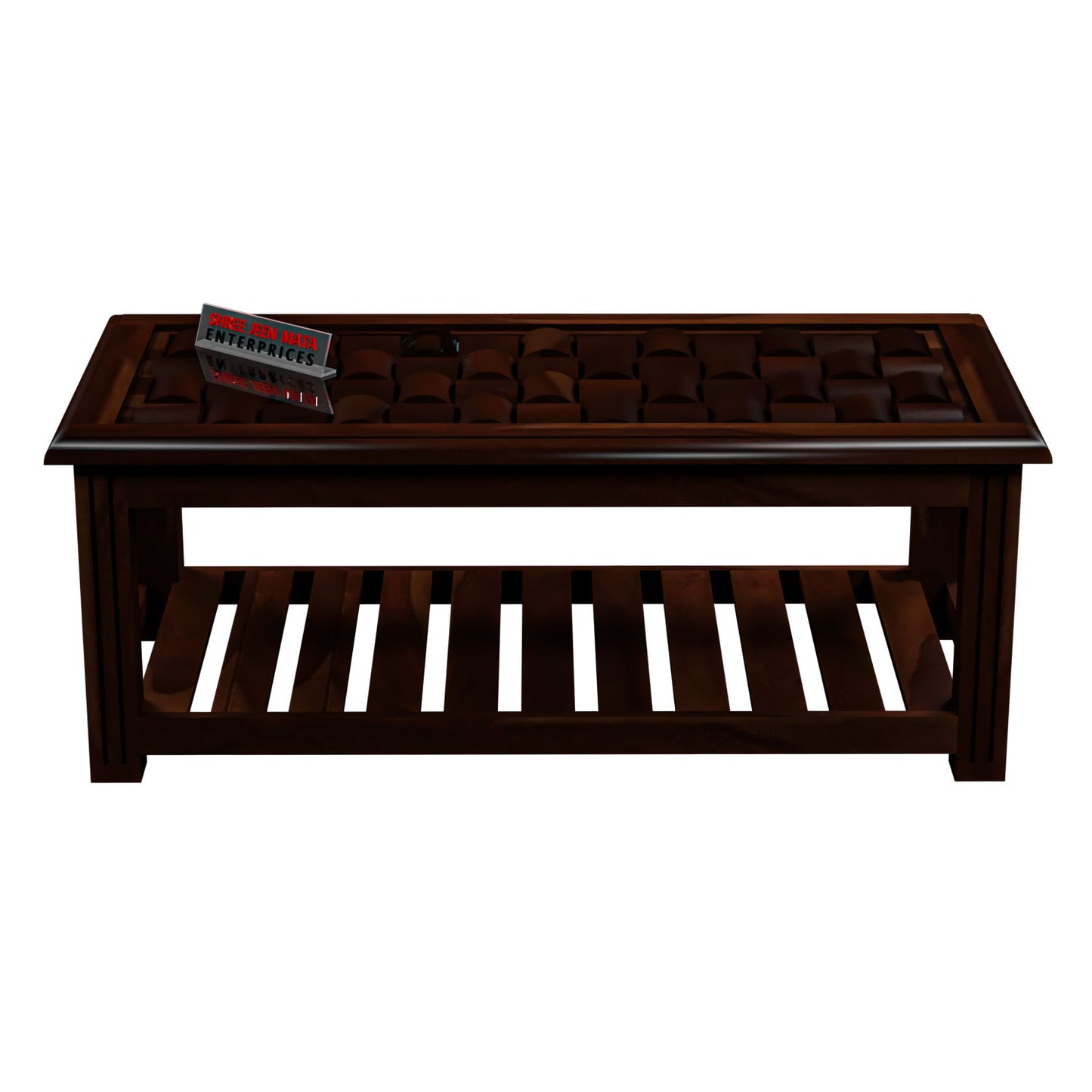 Premium Solid Wood Coffee Table with Artistic Textured Top & Storage Shelf