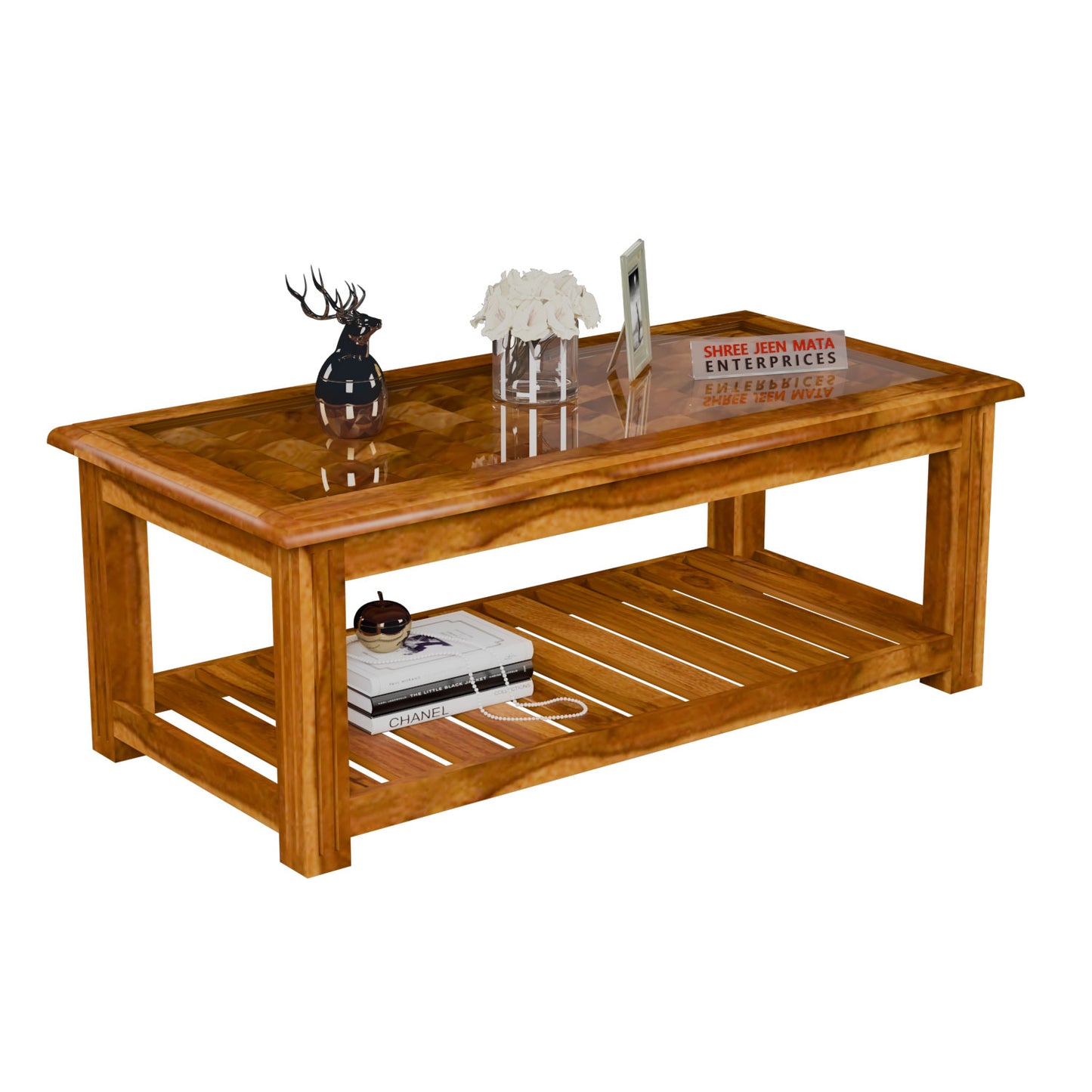 Elegant Solid Wood Coffee Table with Textured Glass Top & Storage Shelf