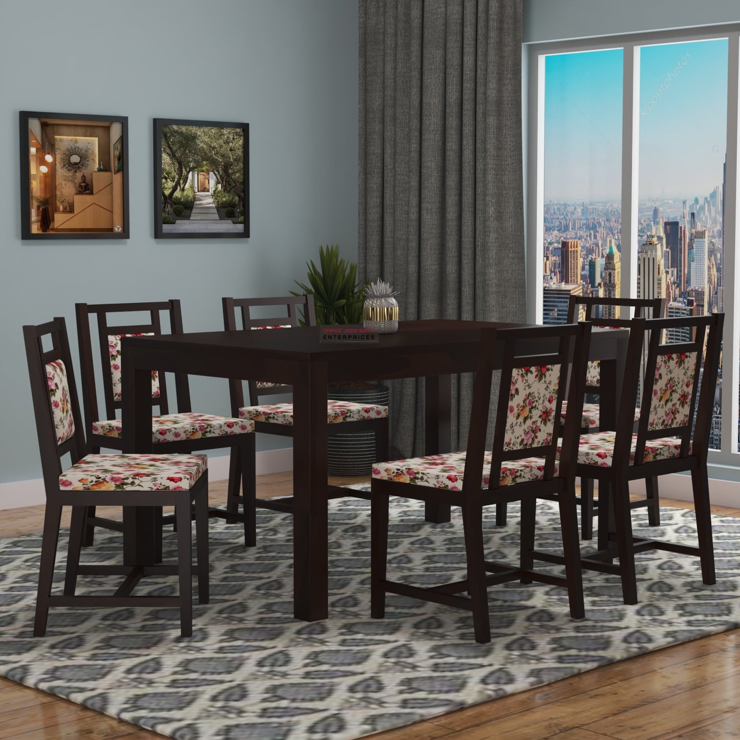 Premium Solid Wood 6 Seater Dining Table Set with Cushioned Chairs