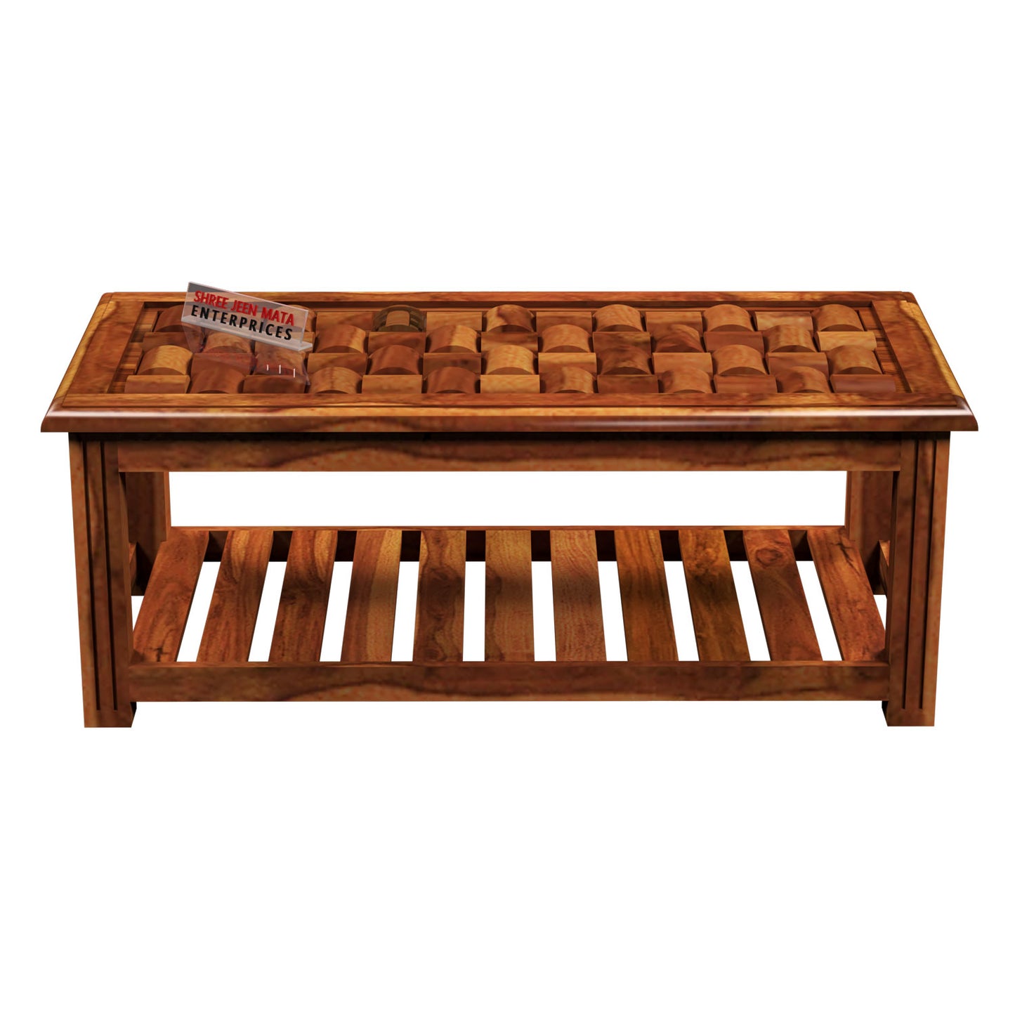 Premium Solid Wood Coffee Table with Artistic Textured Top & Storage Shelf