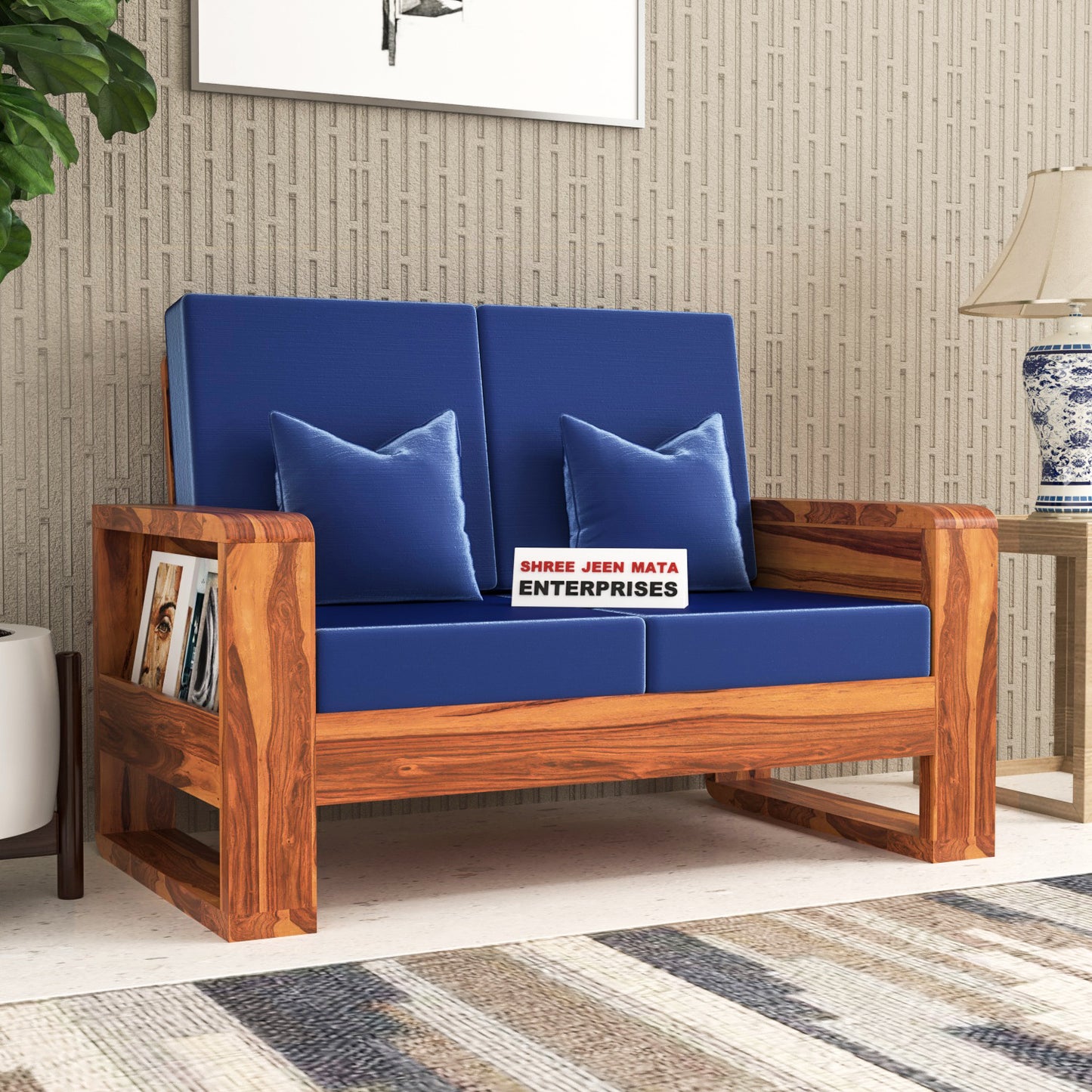 Solid Wood 2 Seater Sofa | Natural & Walnut Finish Wooden Sofa with Cushioned Comfort