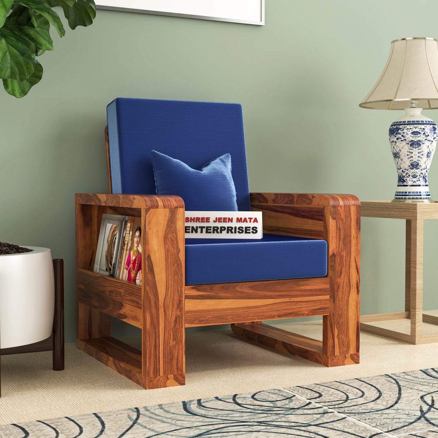 Solid Wood Single Seater Sofa | Natural & Walnut Finish Wooden Chair with Cushioned Comfort