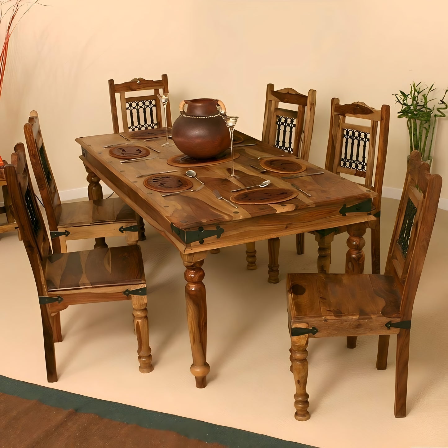 Classic Handcrafted Sheesham Wood Dining Table Set (6 Seater)