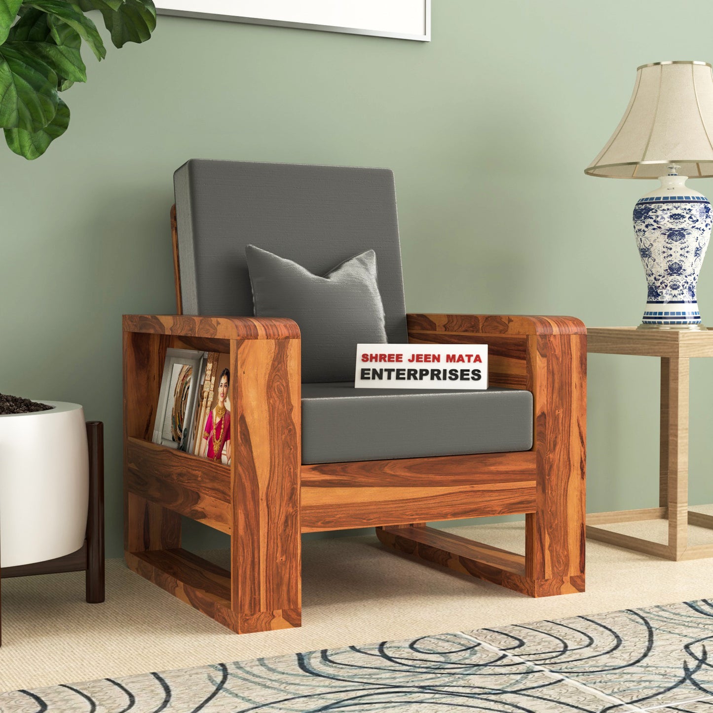Solid Wood Single Seater Sofa | Natural & Walnut Finish Wooden Chair with Cushioned Comfort