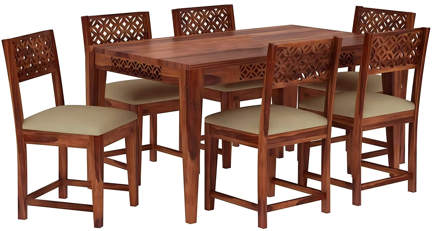 Solid Wood 6 Seater Dining Table Set with Cushioned Chairs – Classic Carved Design