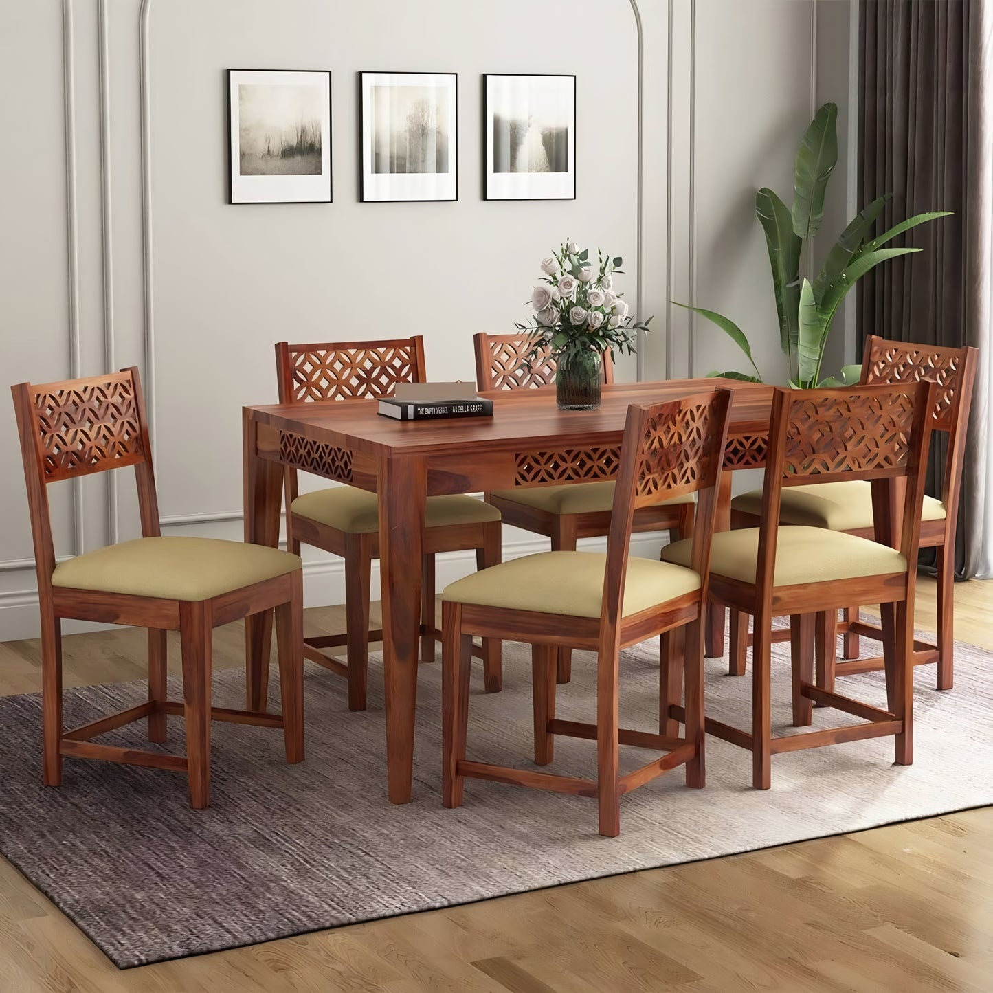 Solid Wood 6 Seater Dining Table Set with Cushioned Chairs – Classic Carved Design
