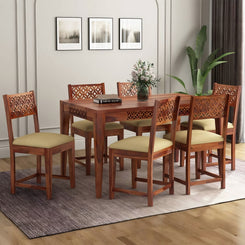 Solid Wood 6 Seater Dining Table Set with Cushioned Chairs – Classic Carved Design