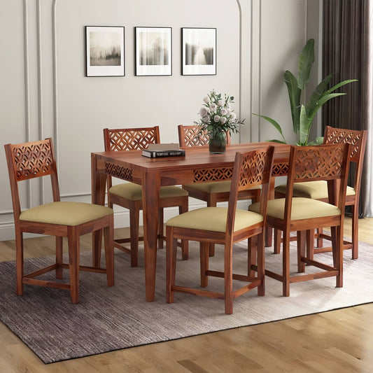 Solid Wood 6 Seater Dining Table Set with Cushioned Chairs – Classic Carved Design